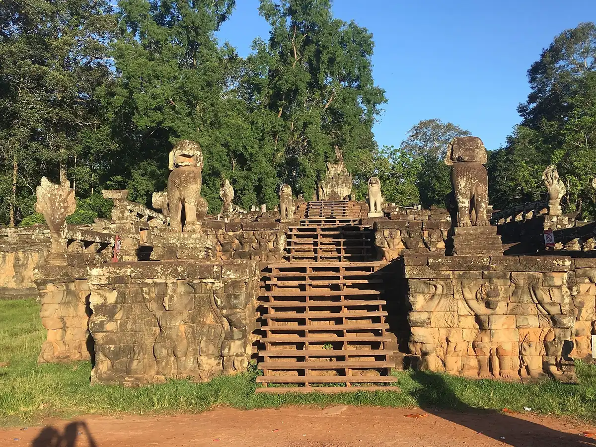 The Terrace of the Elephants in Angkor Thom with its central staircase and carved elephant trunks, seen on Angkor Wat tours from Siem Reap