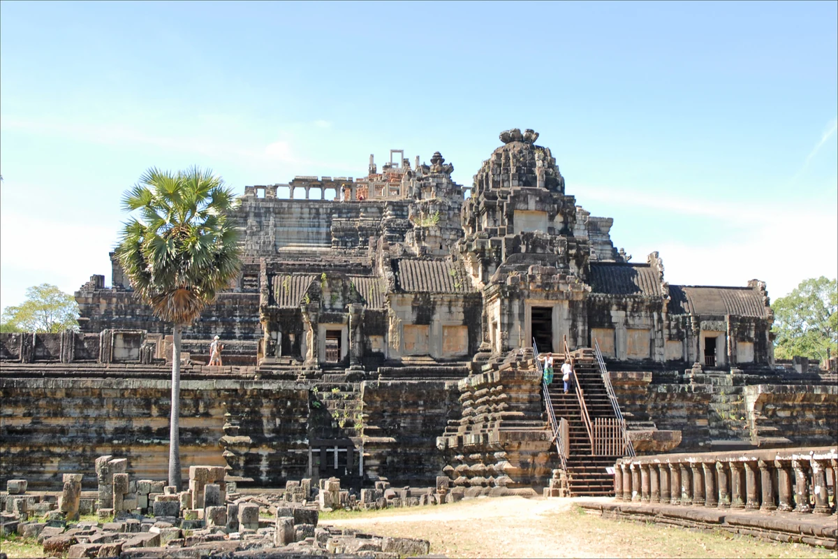 The restored eastern facade of the Baphuon temple pyramid, seen on Angkor Wat tours from Siem Reap