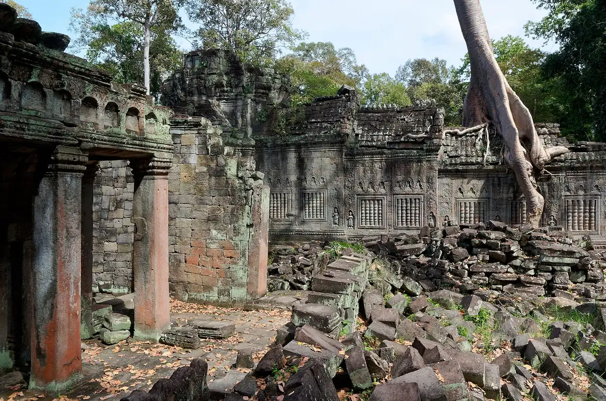 Preah Khan galleries and a tree growing over the stonework, seen on Angkor Wat tours from Siem Reap