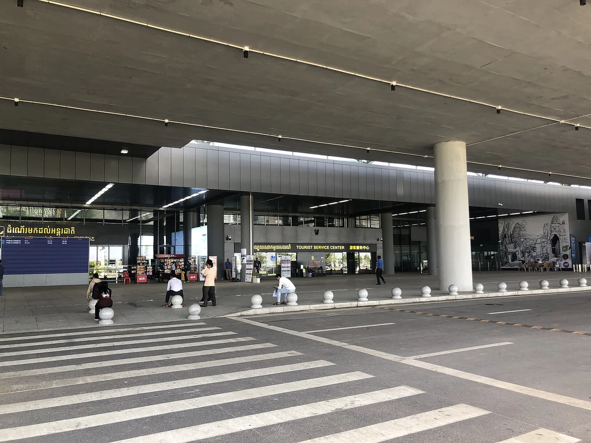 The covered forecourt of the Siem Reap-Angkor International Airport terminal, seen on Angkor Wat tours from Siem Reap